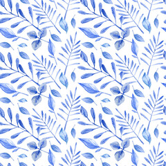 Watercolor winter woodland seamless pattern with blue leaves and branches. Dusty botanical illustration. Christmas pattern design for wallpaper decor, scrapbook paper, textile fabric
