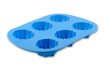 Blue silicone cupcake or muffin form isolated on white background. Cake cup, silicone mold, bakeware.
