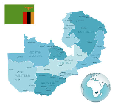 Zambia administrative blue-green map with country flag and location on a globe.
