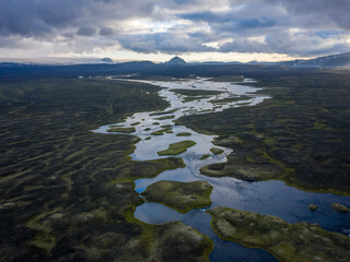 Aerial view of Brytalækir at Syðra-Fjallabak, Central Highlands of Iceland. The source of the...