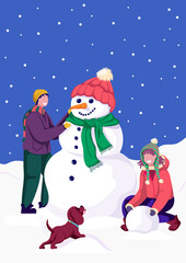 Happy couple making a snowman and playing with a puppy. Winter outdoor activity. Christmas holidays. Colorful vector illustration.