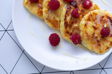 Rustic homemade curd pancakes. Healthy rustic food, cottage cheese pancakes.