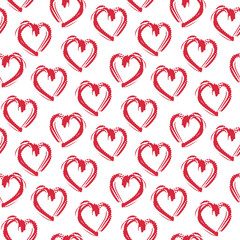 Beautiful small red ink hearts isolated on white background. Cute seamless pattern. Vector flat graphic hand drawn illustration. Texture.