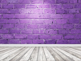 Old violet brick wall in empty room with floor