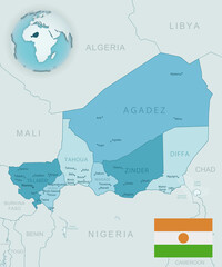 Blue-green detailed map of Niger administrative divisions with country flag and location on the globe.