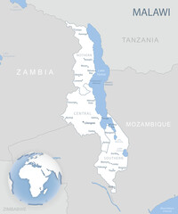 Blue-gray detailed map of Malawi administrative divisions and location on the globe.