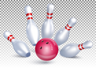 The bowling ball hits the pins. Bowling tournament. Accurate strike. 3d realistic vector illustration. Isolated on transparent background.