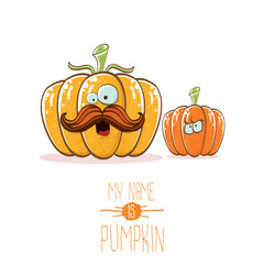 vector funny cartoon cute orange smiling friends pumkins isolated on white background. My name is pumkin vector concept illustration. vegetable funky halloween or thanksgiving day characters set