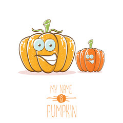 vector funny cartoon cute orange smiling friends pumkins isolated on white background. My name is pumkin vector concept illustration. vegetable funky halloween or thanksgiving day characters set