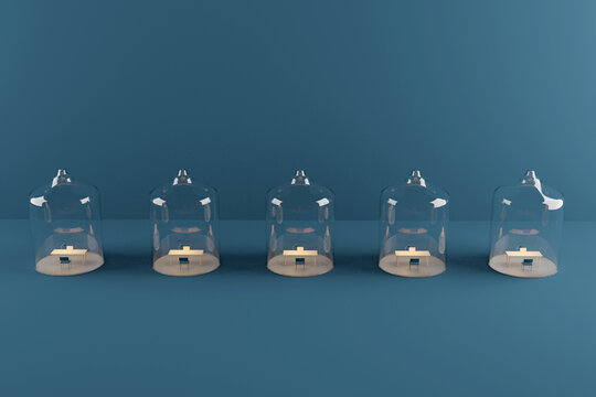 Home office under glass dome. Isolation during covid-19 pandemic quarantine. 3d render. physical distancing blue background