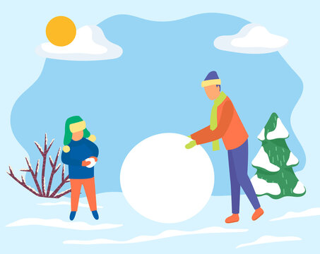 Father and son make big snowball for snowman. Family spend time actively together in forest. Man and kid do outdoor activity on holidays. Winter landscape with fir tree and shrub. Vector illustration