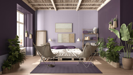 Country rustic bedroom, eco interior design in purple tones, sustainable parquet, pallet bed with pillows, armchairs and potted plants. Natural recyclable architecture concept