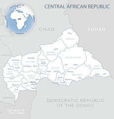 Obraz premium Blue-gray detailed map of Central African Republic administrative divisions and location on the globe.