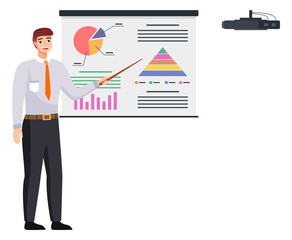 Businessman makes a presentation of a statistical report doing digital analysis charts. Planning business concept. Consulting for project management, financial reporting and strategy