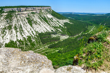 White rocks, part of Crimenean mountais, as it looks from top of cave city Chufut Kale, Bakhchisaray, Crimea