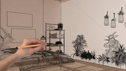 Fototapeta premium Hands holding pen and drawing on empty modern interior with white walls and parquet, CAD sketch, black ink custom architecture design project. Bedroom with bed, pillows and plants