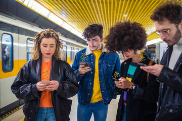 Group of four multiethnic people commuter traveling subway