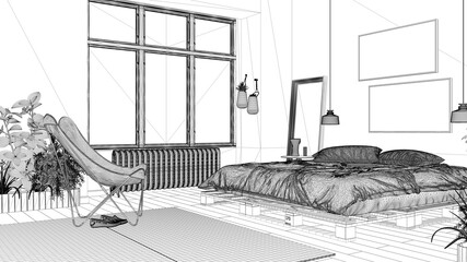 Blueprint project draft of country rustic bedroom, eco interior design, sustainable parquet, pallet bed with pillows, armchair, potted plants. Natural recyclable architecture concept