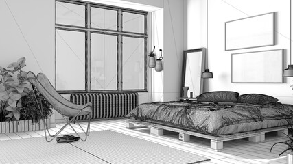 Unfinished project of country rustic bedroom, eco interior design, sustainable parquet, pallet bed with pillows, armchair and potted plants. Natural recyclable architecture concept