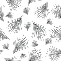 Tufts of pine needles on a white background. Vector seamless pattern. Monochrome illustration.