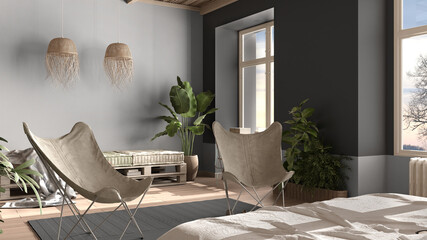 Country rustic bedroom with sofa, eco interior design in gray tones, sustainable parquet, diy pallet sofa, bed, armchairs and potted plants. Natural recyclable architecture concept