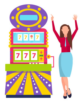 Success of playing game machine, female player with rising hands, gambling entertainment. 777 winning icons, winner woman in casino, lucky gamer vector