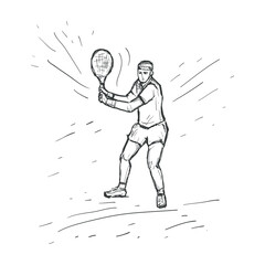 Tennis player with racquet. Sketch vector  hand drawn Illustration. Sport concept. Black line isolated on white