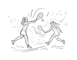 Tennis sketch hand drawn vector background. Women tennis players  with racquet on white background. Black line isolated on white. Sport concept.