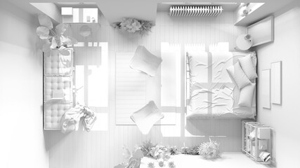 Total white project of country bedroom with home workplace, eco interior design, sustainable parquet, diy sofa and bed. Top view, plan, above. Natural recyclable architecture concept