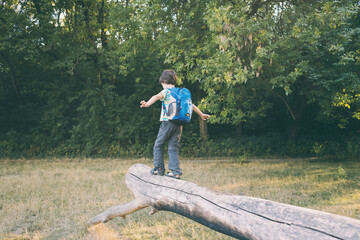 A boy with a backpack walks along the trunk of a fallen tree, a child learns to keep his balance