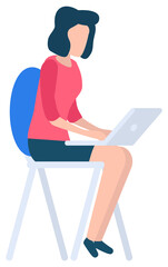 Woman sitting on chair with blue back. Person using electronic device for work and study. Lady with modern laptop typing on keyboard. Human freelancer isolated on white background vector illustration