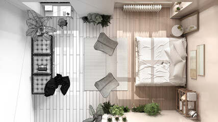 Architect interior designer concept: unfinished project that becomes real, bedroom, workplace, eco interior design, diy sofa and bed. Top view, plan, above. Natural recyclable concept
