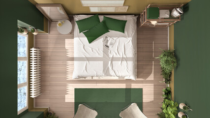Obraz na płótnie Canvas Country rustic bedroom, eco interior design in green tones, sustainable parquet, diy pallet bed, carpet and armchairs. Top view, plan, above. Natural recyclable architecture concept