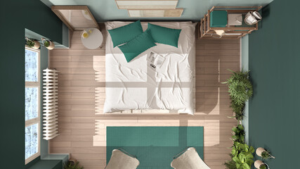 Country rustic bedroom, eco interior design in turquoise tones, sustainable parquet, diy pallet bed, carpet, armchairs. Top view, plan, above. Natural recyclable architecture concept