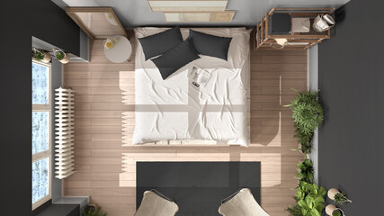 Country rustic bedroom, eco interior design in gray tones, sustainable parquet, diy pallet bed, carpet and armchairs. Top view, plan, above. Natural recyclable architecture concept