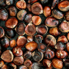 Roasted chestnuts as Background. Chestnuts for Christmas close-up..