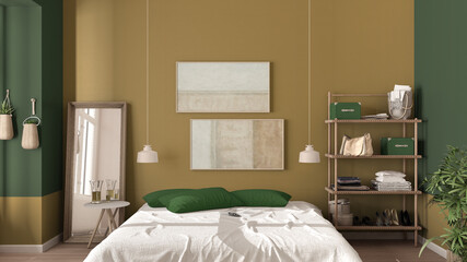 Country rustic wooden bedroom, eco interior design in green tones, sustainable parquet floor, diy bed with pillows, mirror and potted plants. Natural recyclable architecture concept