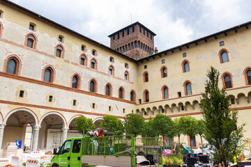 The inner courtyard of the Sforzesco Castle - Castello Sforzesco in Milan, Italy