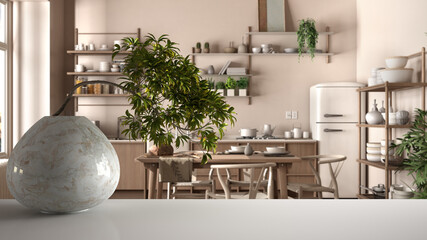 White mat table shelf with round marble vase and potted bonsai, green leaves, over rustic country kitchen, modern interior design, dining table, zen clean architecture concept