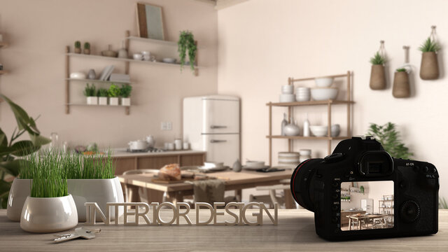 Architect photographer designer desktop concept, camera on wooden work desk with screen showing interior design project, blurred scene background, rustic country kitchen, dining table