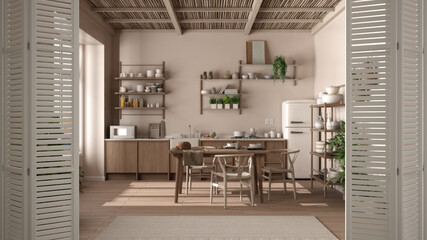 White folding door opening on country rustic wooden kitchen with dining table, shelves with appliances and potted plants, interior design, architect designer concept, blur background