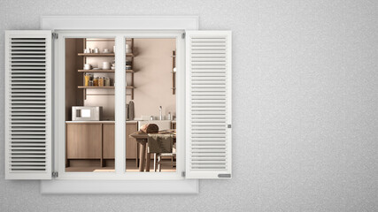 Exterior plaster wall with white window with shutters, showing interior wooden kitchen with table, blank background with copy space, architecture design concept idea, mockup template