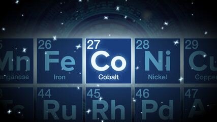 Close up of the Cobalt symbol in the periodic table, tech space environment.