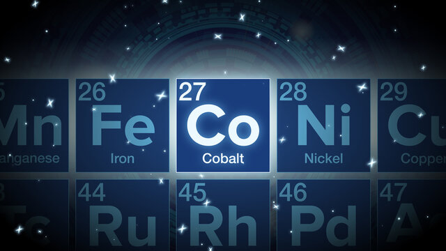 Close up of the Cobalt symbol in the periodic table, tech space environment.
