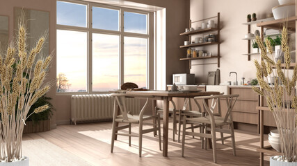 Potted straws with pebbles, dry plants, ornament, ears, sheaf, branch in vase over country rustic kitchen with dining table with chairs, shelves, appliances, modern interior design