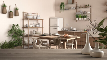 Wooden table top or shelf with minimalistic modern vases over blurred country rustic kitchen with dining table and chairs, shelves, appliances, wooden architecture interior design