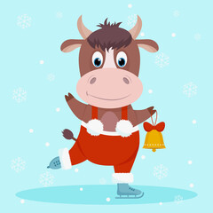 Cute and happy new year character, bull 2021 in Santa Claus new year clothes with Christmas bells on skates. Next to it are boxes of gifts. Vector illustration for greeting cards, posters, banners for