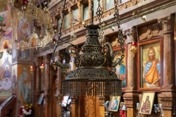 The decorative icon lamp hanging in the in the Church of the Apostles located on the shores of the Sea of Galilee, not far from Tiberias city in northern Israel