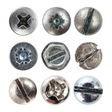 Collection of many different screw heads isolated on white background.