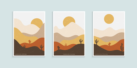 Abstract minimalist landscape poster, Mountains and cactus minimalist wall decor